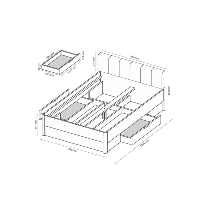 Bed 1,6×2,0 with soft headborad, with drawers of bedrom set Asti