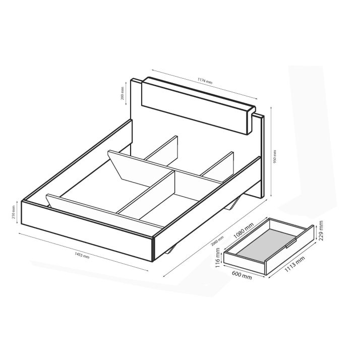 Option drawer Bed 1.2+1.4 of bedroom set Luna